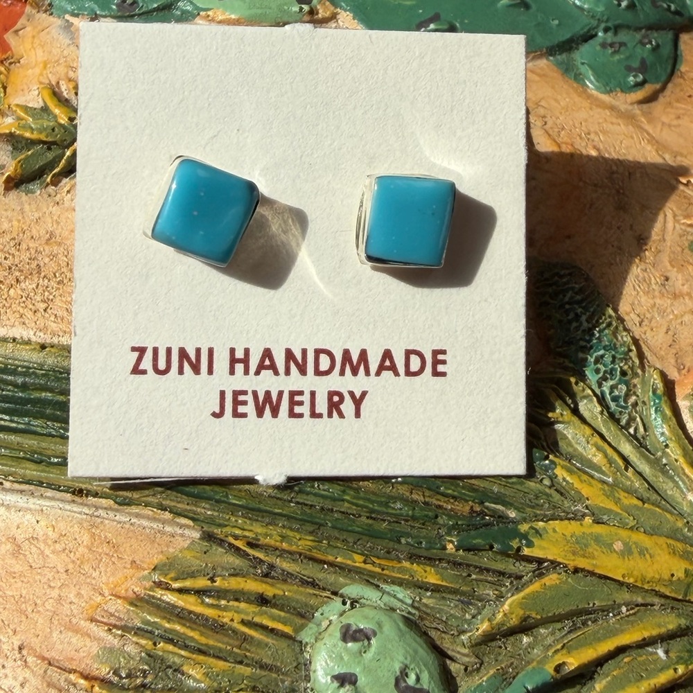 Zuni Handmade Turquoise Square Stud Earrings - Blue